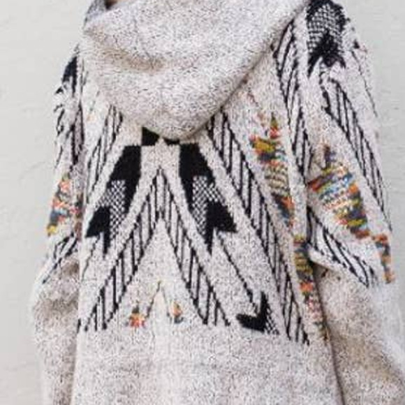 Aztec Print Hoodie Cardigan with Waist Drawstring - Picture 4 of 4